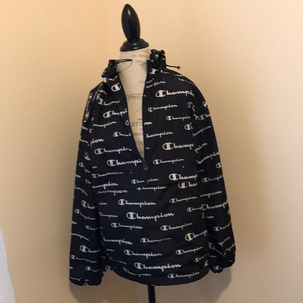 Champion Hooded Windbreaker Jacket Anorak All Over Logos